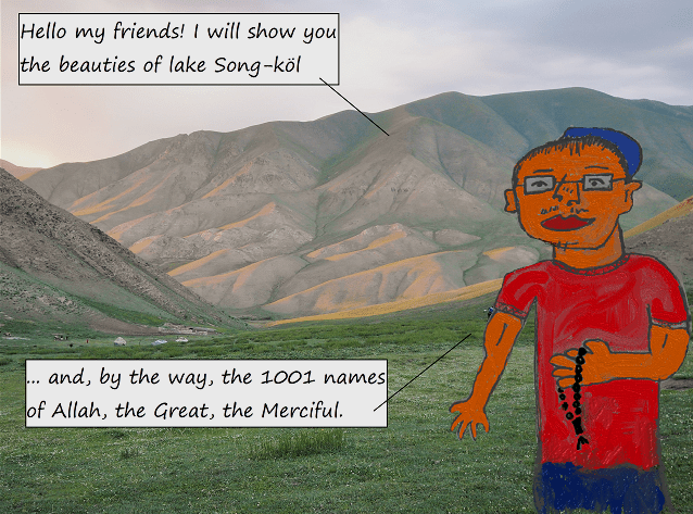 Obsérvese que Shek lleva una gorro musulmán (o taqiyah) y un rosario (tasbih) en la mano. No siempre, pero a veces vestía de esta guisa.