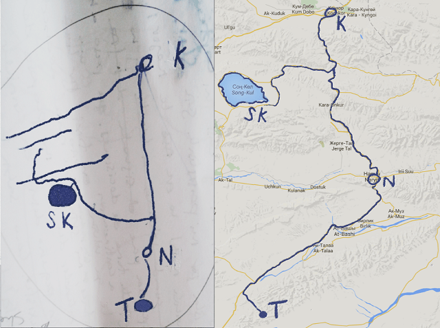 Vease la diferencia entre el mapa dibujado y el real. SK: Song-Köl, K: Kotchkor, N: Naryn, T: Tash Rabat